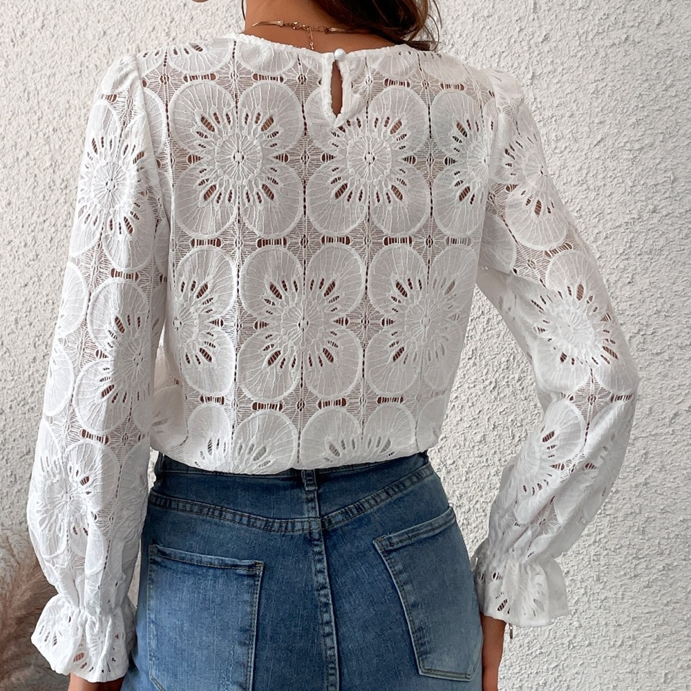 Cupshe White floral eyelet Blouse with trumpet sleeves - Picture 3 of 11
